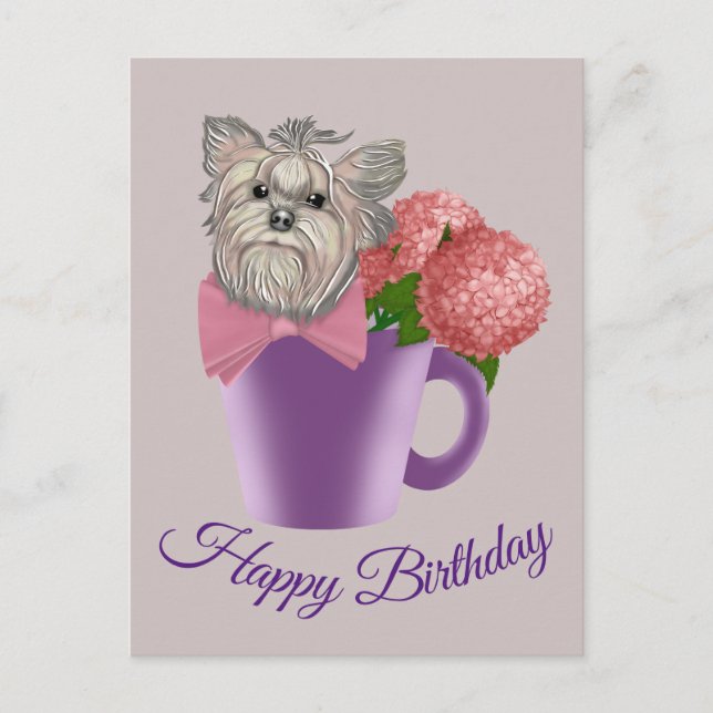 Postal Yorkshire Terrier con flores Feliz cumpleaños (Anverso)
