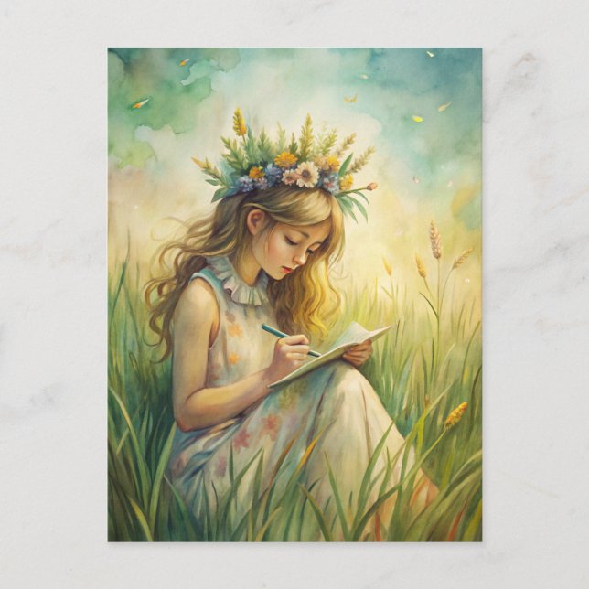 Postal Young Girl Wildflowers Nature Inspired  (Anverso)
