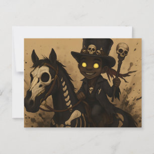 Postal Young Voodoo Doc sobre el caballo de cráneo