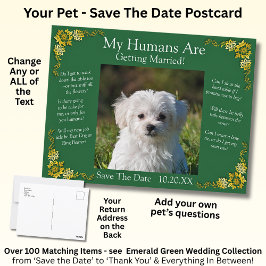 Postal Your Pet Photo Save The Date Emerald Green & Gold