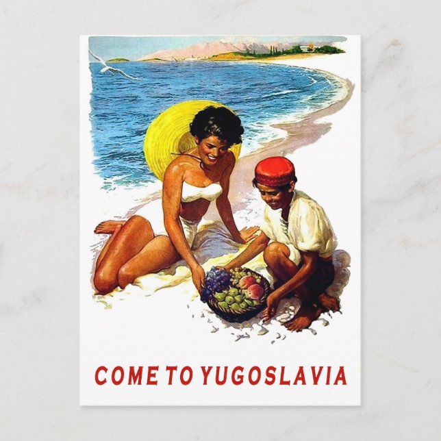 Postal Yugoslavia, mujer en la playa con vendedor de frut (Anverso)