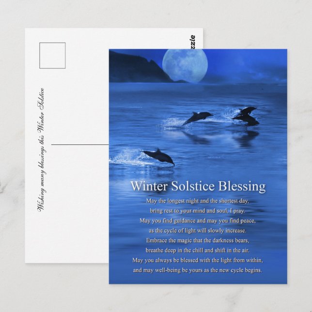 Postal Yule del solsticio de invierno con delfines  (Anverso / Reverso)
