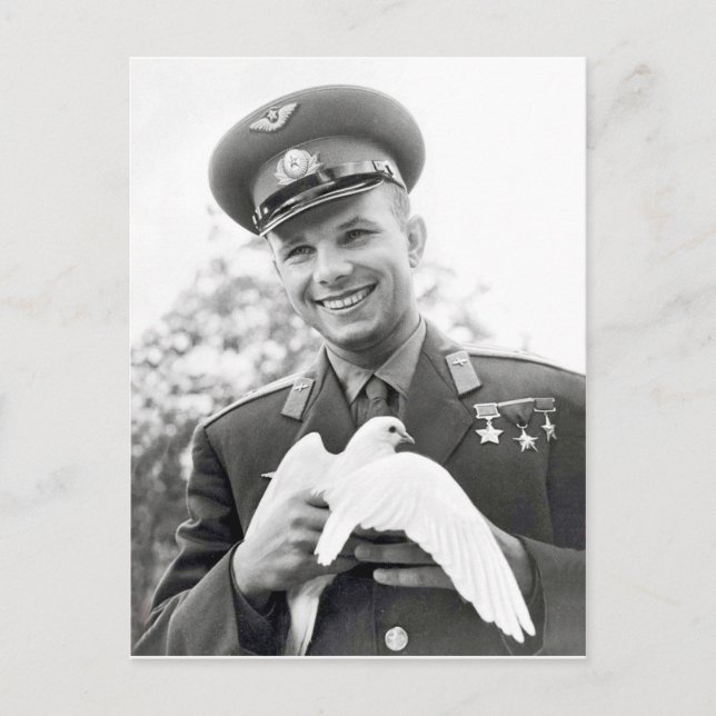 Postal Yuri Gagarin con paloma blanca, símbolo de paz, (Anverso)