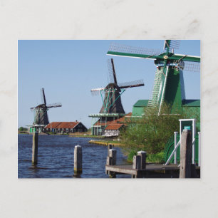 Postal Zaanse Schans molinos holandeses en verde y blanco