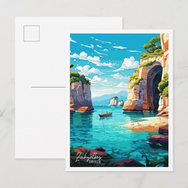 Postal Zakynthos Grecia Ilustracion de Viajes Vintage (Anverso / Reverso)