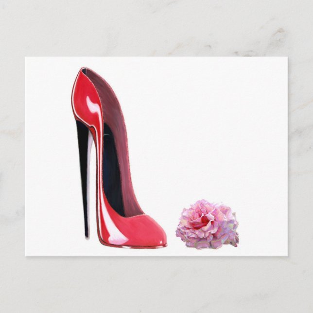 Postal Zapato y rosa de tacón rojo negro (Anverso)