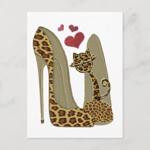 Postal Zapatos de leopardo de Stiletto y arte del gato