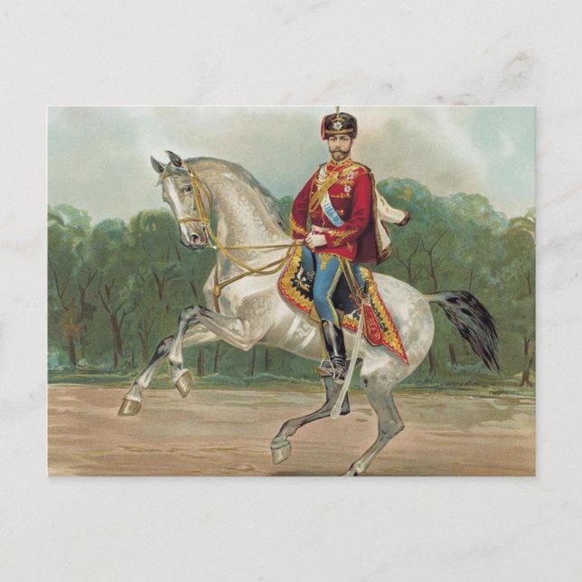 Postal Zar Nicolás II Romanov de Rusia a caballo de vuelt (Anverso)