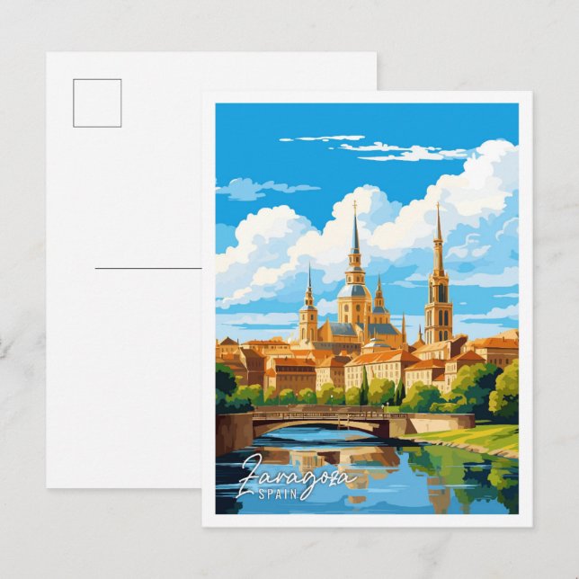 Postal Zaragoza España ilustracion de viajes de arte (Anverso / Reverso)