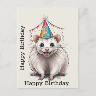 Postal Zarigüeya de Virginia con sombrero de cumpleaños 