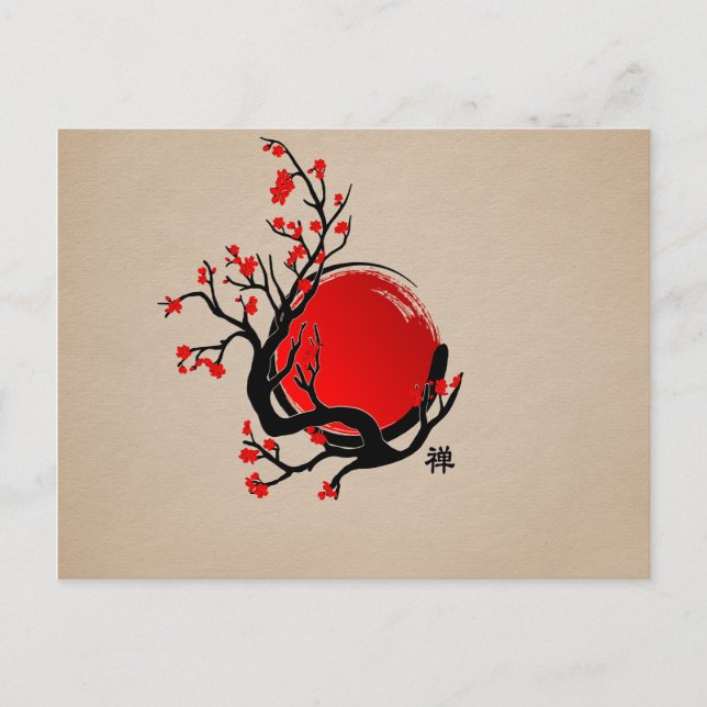Postal Zen Enso Circle, Sun and Red Sakura Blossom (Anverso)