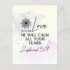 Postal Zephaniah 3:17 Su amor calmará tus miedos Biblia