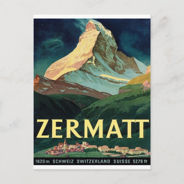 Postal Zermatt, cima de montaña, Suiza, cosecha, viaje (Anverso)