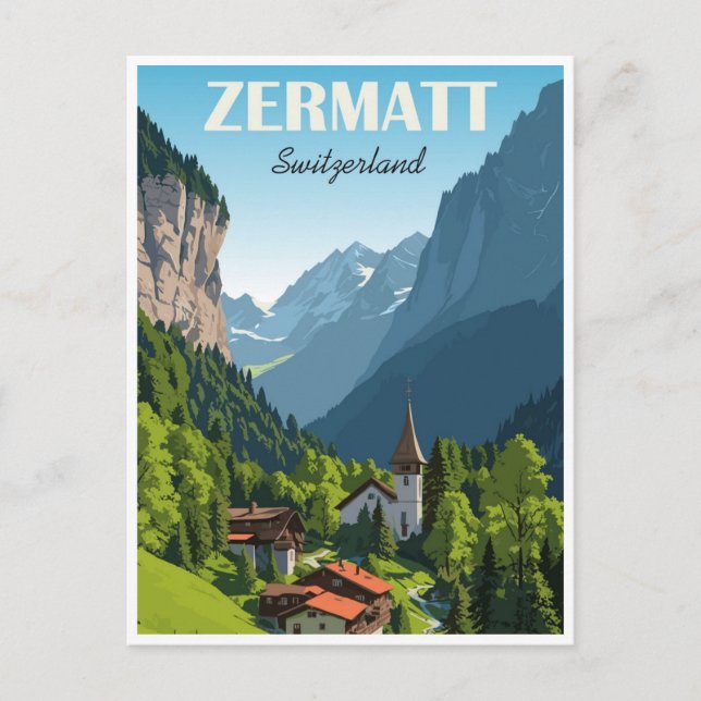 Postal Zermatt Suiza vintage de montaña (Anverso)