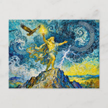 Zeus en rocas tormentosas con rayo y águila