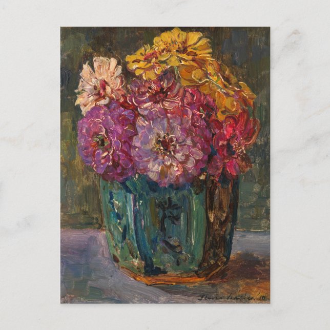 Postal Zinnias en un frasco verde (Anverso)