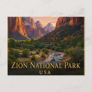 Postal Zion Utah acantilados rojos y cañón del río Virgin