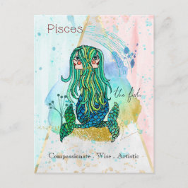 Postal Zodiac Sign Pisces Whimsical Girl Symbolic Fish