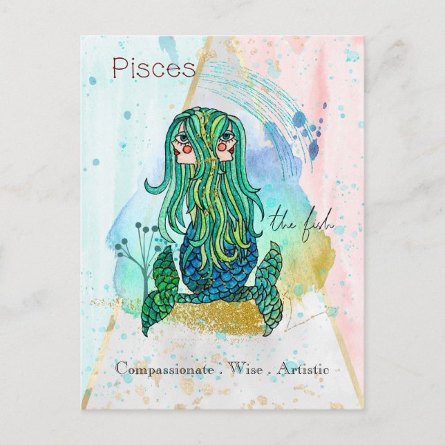 Postal Zodiac Sign Pisces Whimsical Girl Symbolic Fish (Anverso)