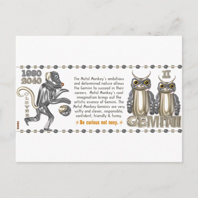 Postal Zodiaco mono metalizado nacido en Gemini 1980 (Anverso)