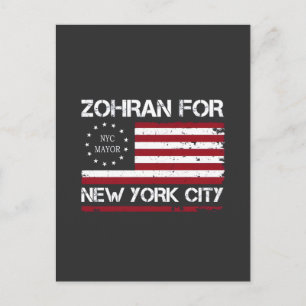 Postal Zohran Mamdani para alcalde de NYC con bandera de