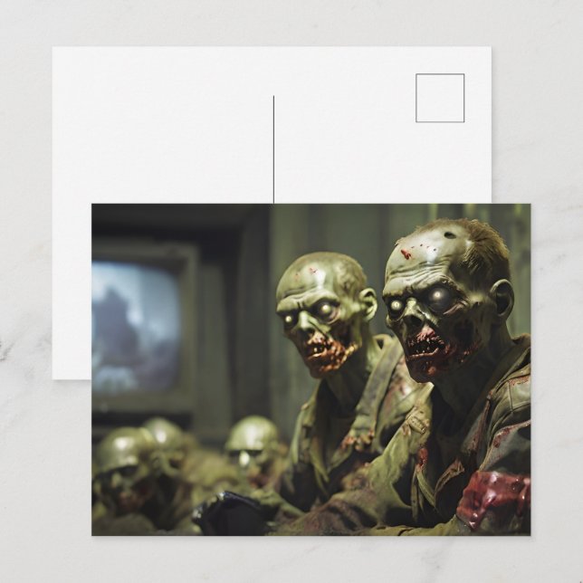 Postal zombis viendo propaganda de televisión rusa (Anverso / Reverso)