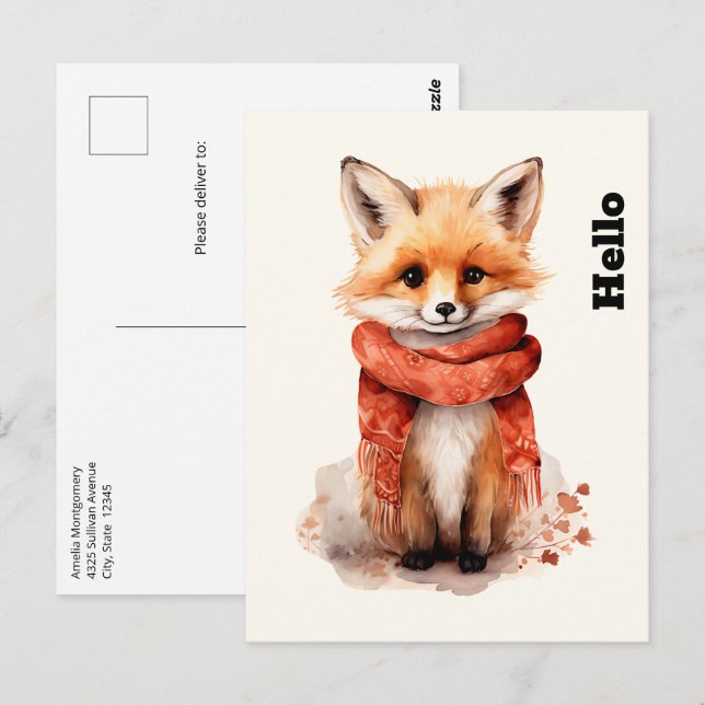 Postal Zorro Adorable Cachorro con una Bufanda Roja (Anverso / Reverso)