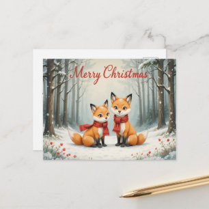Postal Zorro adorable de Navidad Bosque nevado y bufanda