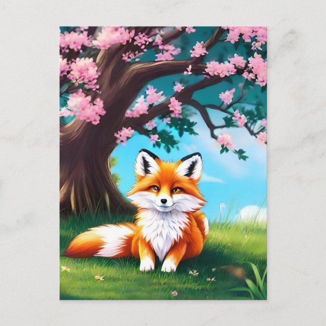 Postal Zorro Adorable Sentado Bajo El Árbol-68563 (Anverso)