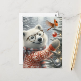 Postal Zorro ártico y cardenal de Navidad