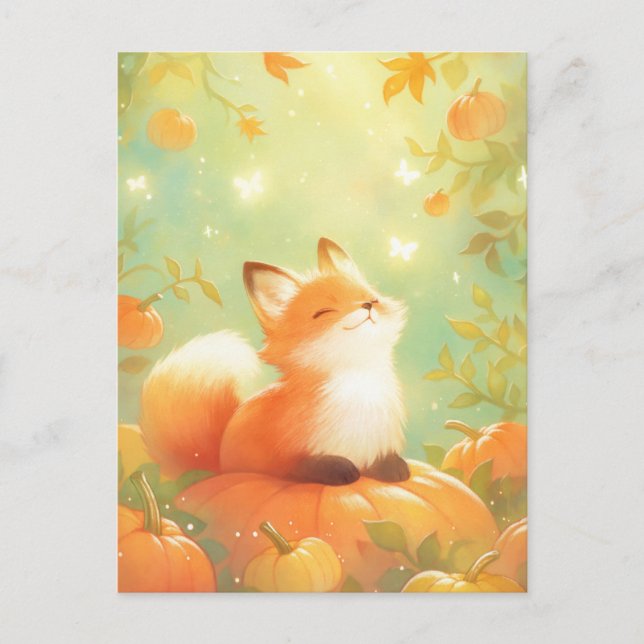 Postal Zorro Bebé Dulce en Calabaza de Otoño (Anverso)