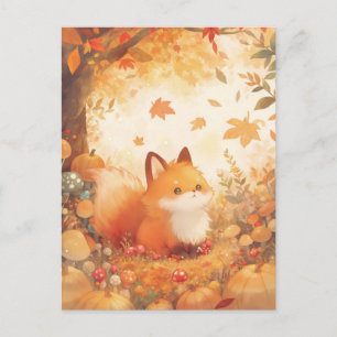 Postal Zorro Bebé Dulce en el Bosque de Hongos de Otoño
