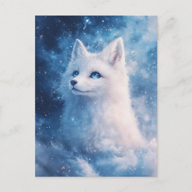Postal Zorro Blanco Celestial en Nebulosa Estrellada (Anverso)
