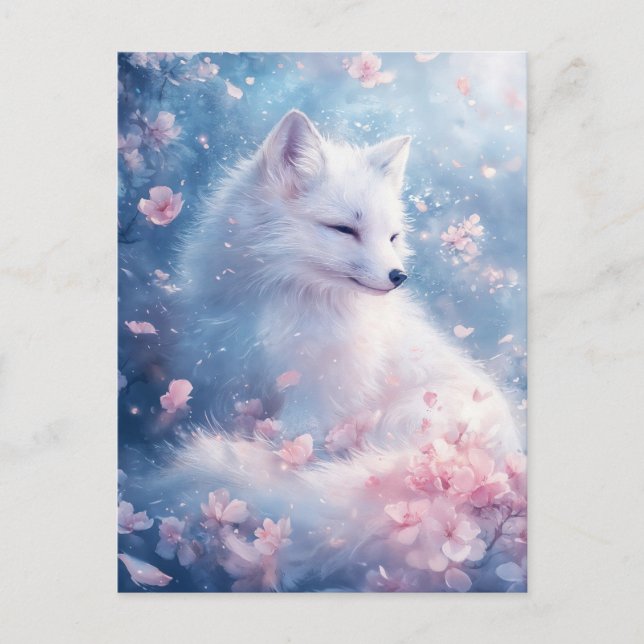 Postal Zorro Blanco Pacífico en Jardín de Flor de Cerezo (Anverso)