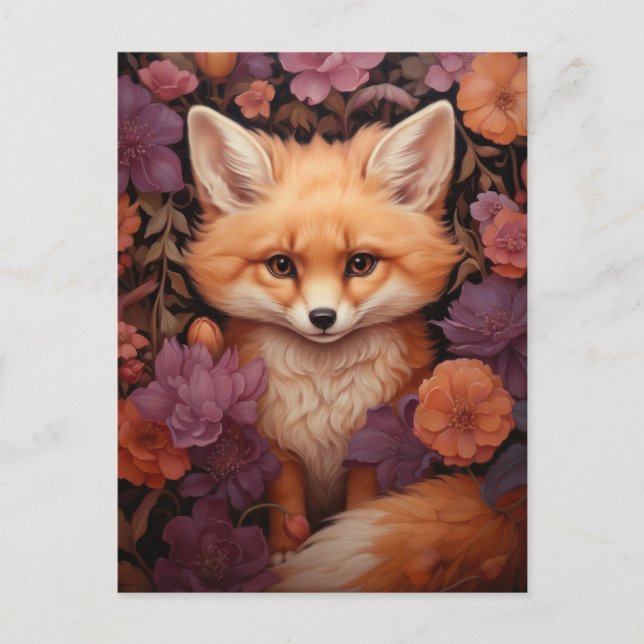 Postal Zorro caprichoso en una cama de flores caídas (Anverso)