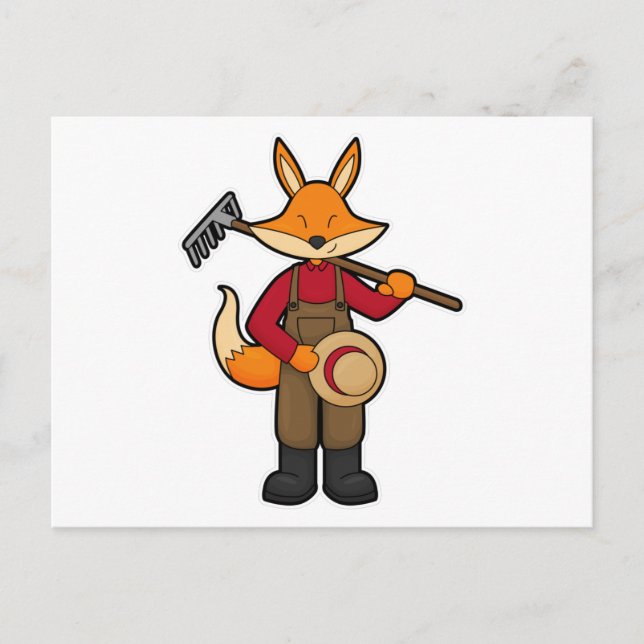 Postal Zorro como granjero con rastrillo y sombrero (Anverso)