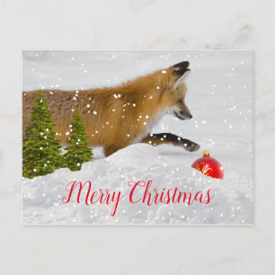 Postal Zorro de Navidad Adorable y Adorno Rojo