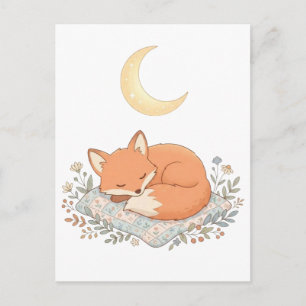 Postal Zorro Dormido en Colcha bajo Luna Creciente AI