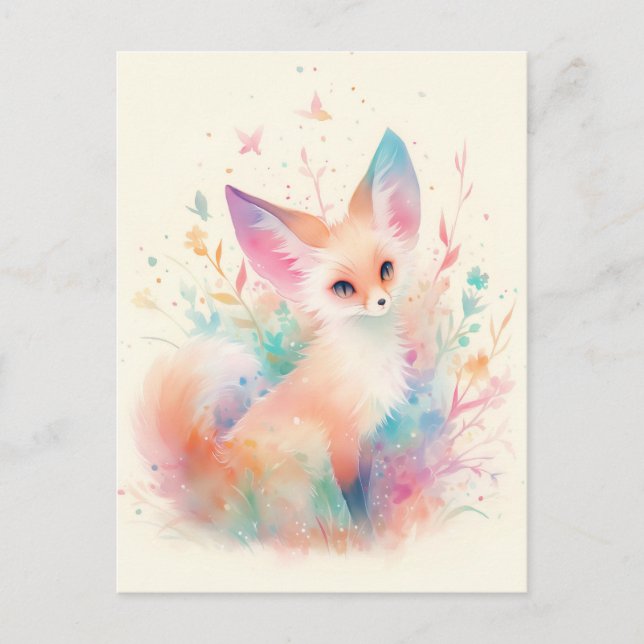 Postal Zorro Fennec Blanco con Oreja de Arcoíris Pastel (Anverso)