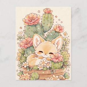 Postal Zorro Fennec Dormido en Maceta de Cactus Albaricoq