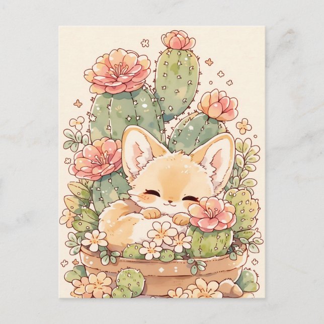 Postal Zorro Fennec Dormido en Maceta de Cactus Albaricoq (Anverso)