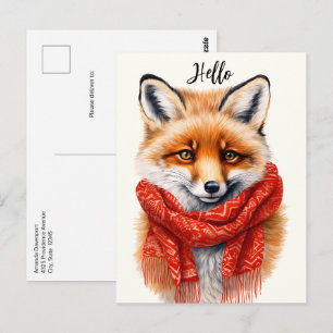 Postal Zorro Lindo con una Bufanda Roja Imagen de Otoño