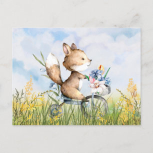 Postal zorro lindo montando en bicicleta