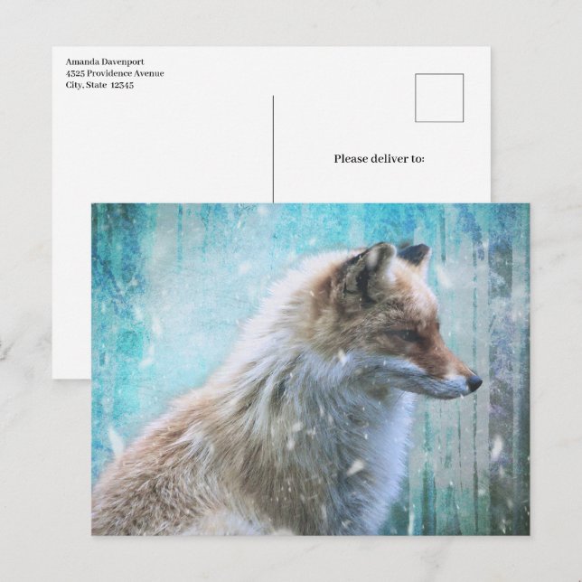 Postal Zorro Peludo Lindo sobre Fondo Grunge Azul (Anverso / Reverso)