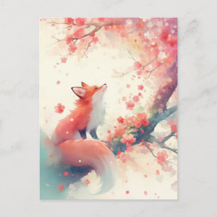 Postal Zorro Rojo Bajo Flor de Cerezo Rosa