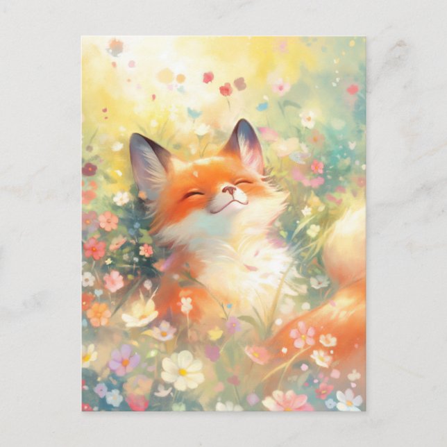Postal Zorro Rojo Feliz en Pradera Soleada de Flores Silv (Anverso)
