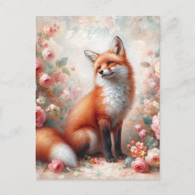 Postal Zorro rojo floral en jardín Rosa (Anverso)