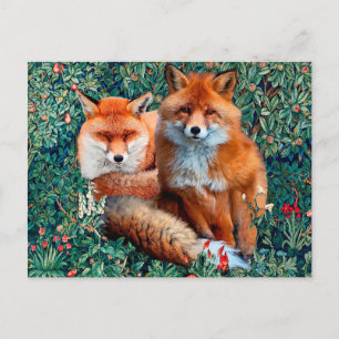 POSTAL ZORROS ROJOS ENTRE VERDOR, FOLLAGE Y FLORES