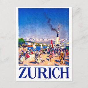 Postal Zúrich, barco turístico en el muelle de la ciudad,