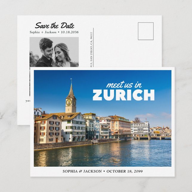 Postal Zurich Boda Guardar la Fecha Retro (Anverso / Reverso)
